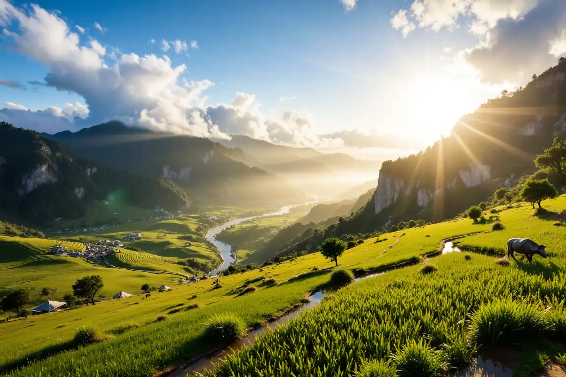 Sweeping vista showcasing the diverse appeal of Vietnam Tourism, with green rice paddies and distant karst mountains.