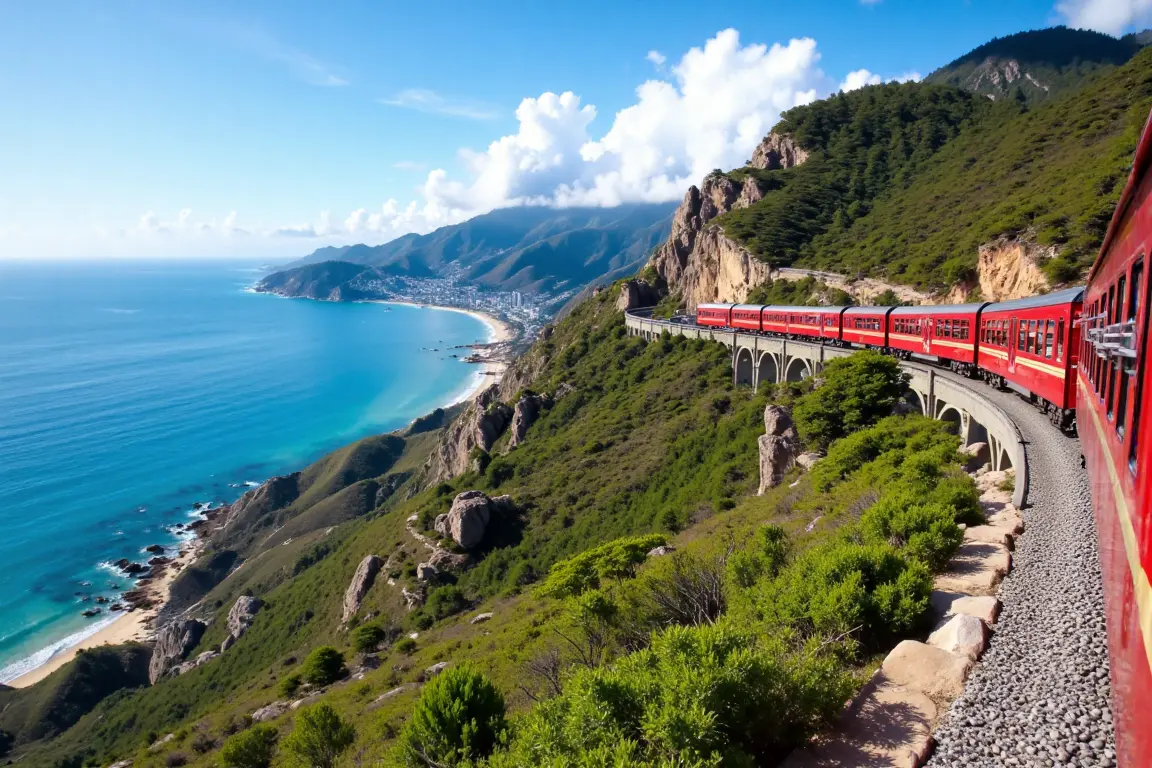 The Reunification Express train travels the scenic Hai Van Pass route, a transportation method in Central Vietnam.