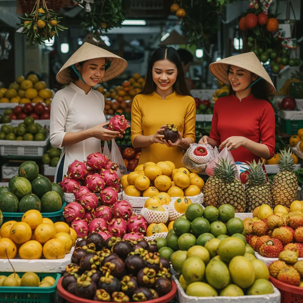 Three Vietnamese women in traditional attire shopping for tropical fruits at a colorful market stall
