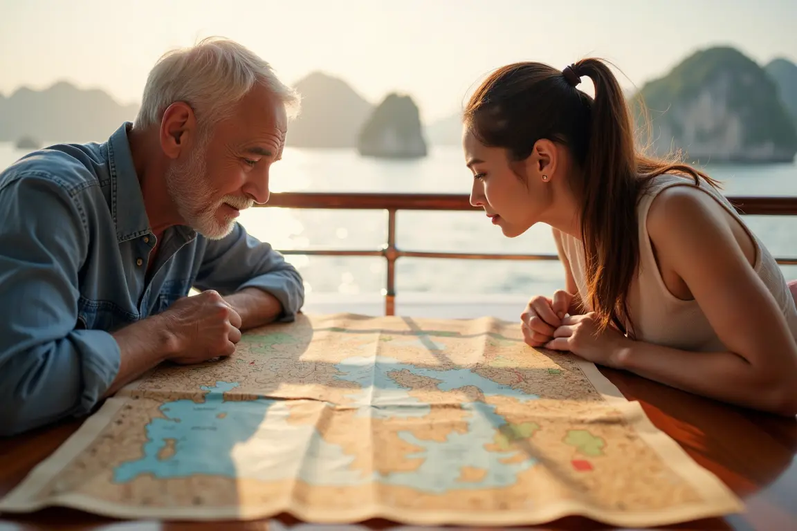 Planning a dream trip on a cruise ship deck overlooking the stunning Ha Long Bay in Vietnam.
