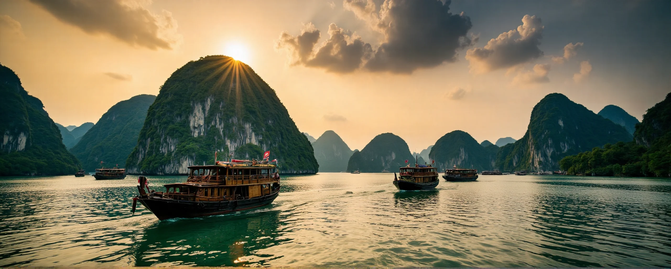 Traditional cruise boats sailing among limestone karsts in Ha Long Bay, Vietnam at sunset - Essential Vietnam Travel