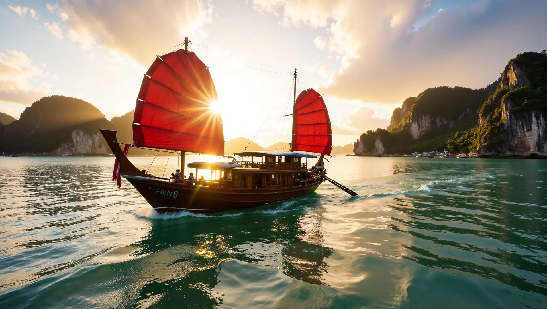 Traditional junk boat cruising among limestone karsts in Ha Long Bay at sunset, iconic Vietnam Destinations.