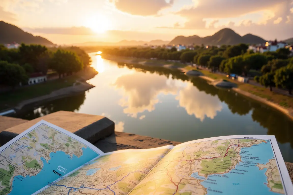 Traveler planning map overlooking Perfume River sunrise Hue Vietnam.