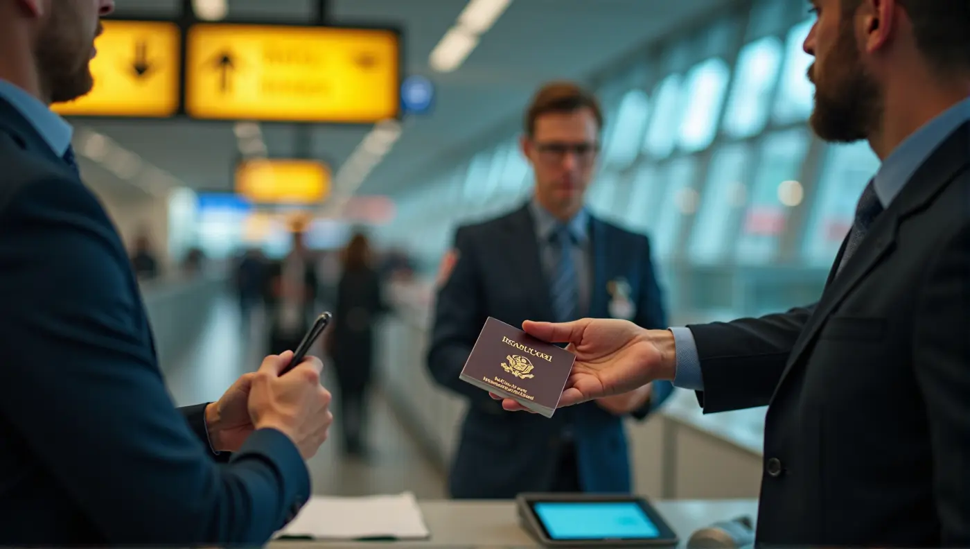 Traveler presenting passport at Vietnam airport immigration counter during arrival passport control.