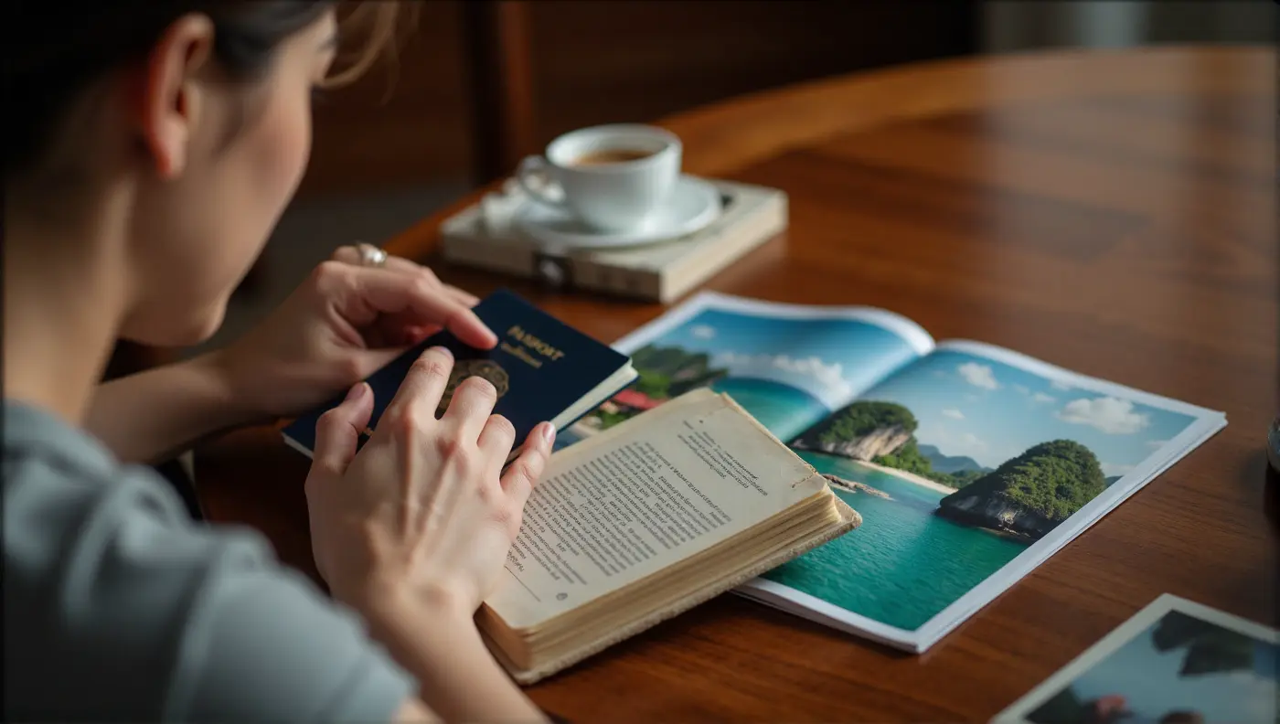 Traveler reviewing passport and brochure to understand Travel Visa Vietnam requirements for entry.
