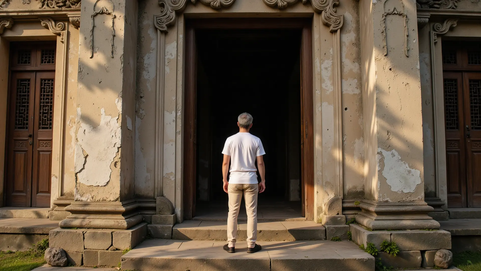 Traveler wearing respectful attire (t-shirt and trousers) stands before the entrance of an old Vietnamese building, illustrating appropriate dress for cultural sites during Vietnam travel.