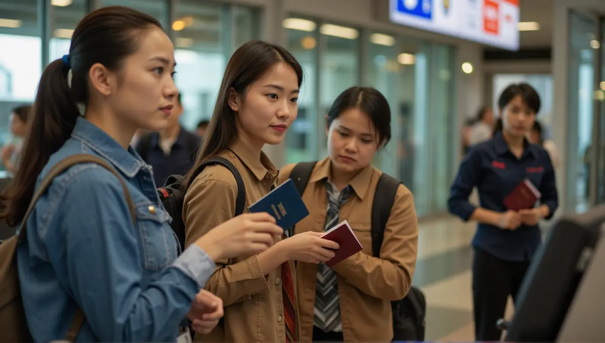 Traveler's view approaching an airport immigration counter, ready to present passport, representing arriving at an approved Vietnam port of entry with an e-visa.