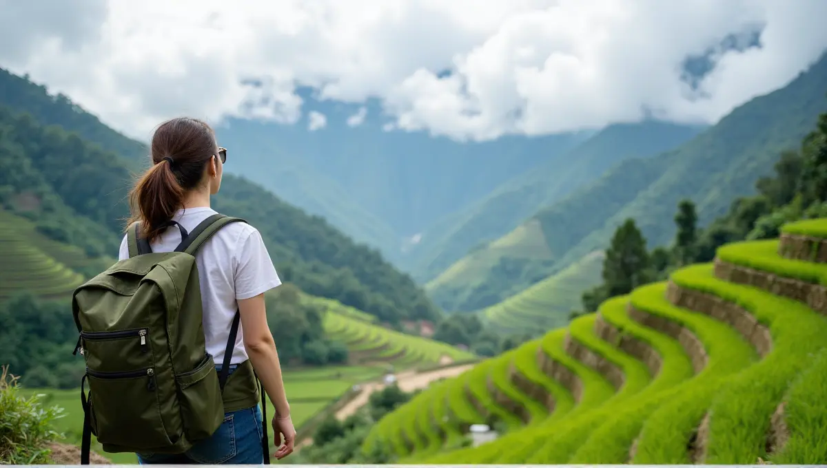 Trekker overlooking vast green terraced rice paddies and misty mountains in Sapa, Vietnam, representing adventure travel.