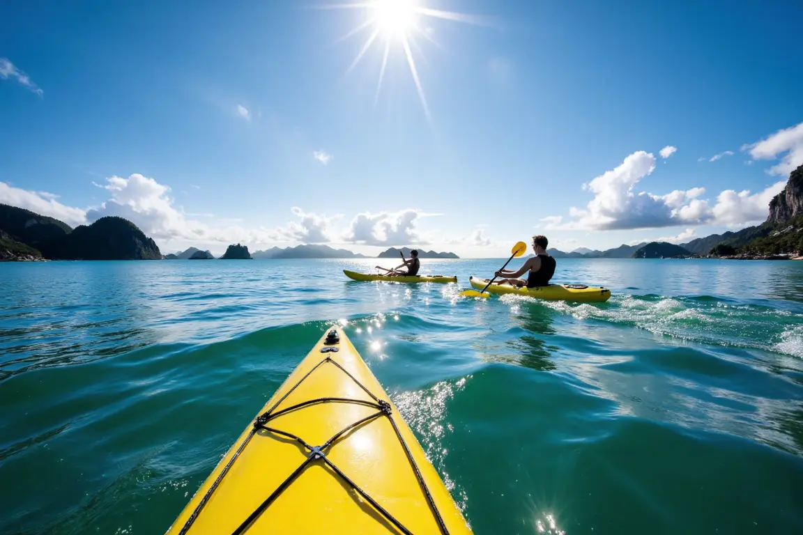 Two people kayaking on emerald water amidst the towering limestone karsts of Ha Long Bay, Vietnam.