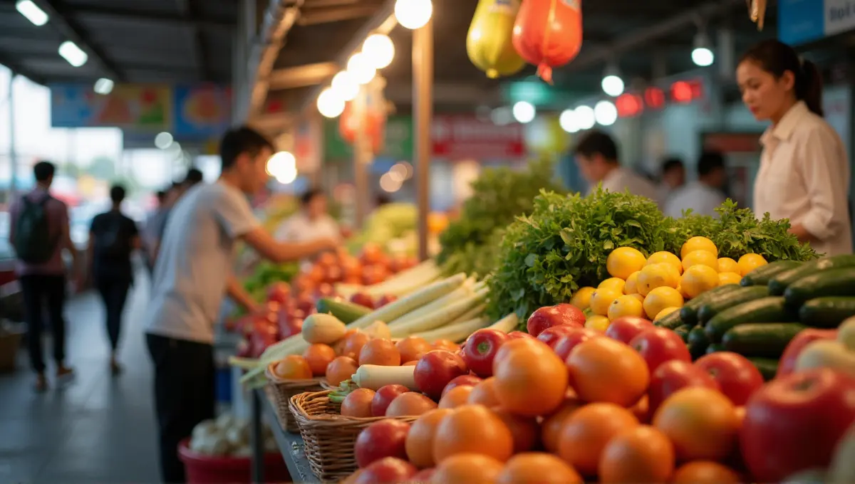 Vibrant scene inside a bustling Vietnamese local market focusing on colourful fresh produce at a stall.