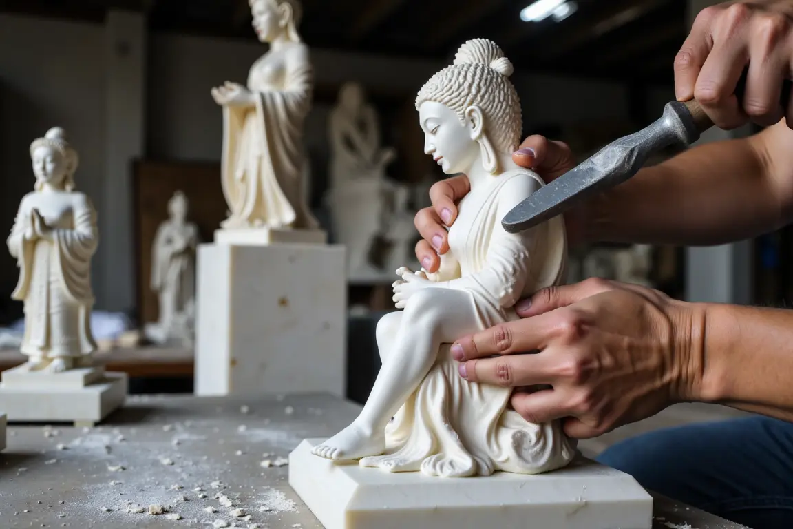 Vietnamese artisan demonstrating marble carving skills in Non Nuoc village near Marble Mountain Vietnam.