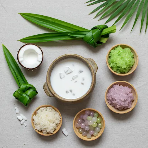 Vietnamese coconut milk dessert (Chè) ingredients sticky rice, tapioca pearls, coconut, and pandan leaves