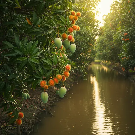 Vietnamese fruit orchard featuring mango and rambutan trees laden with fruit growing alongside a brown water canal under warm sunlight