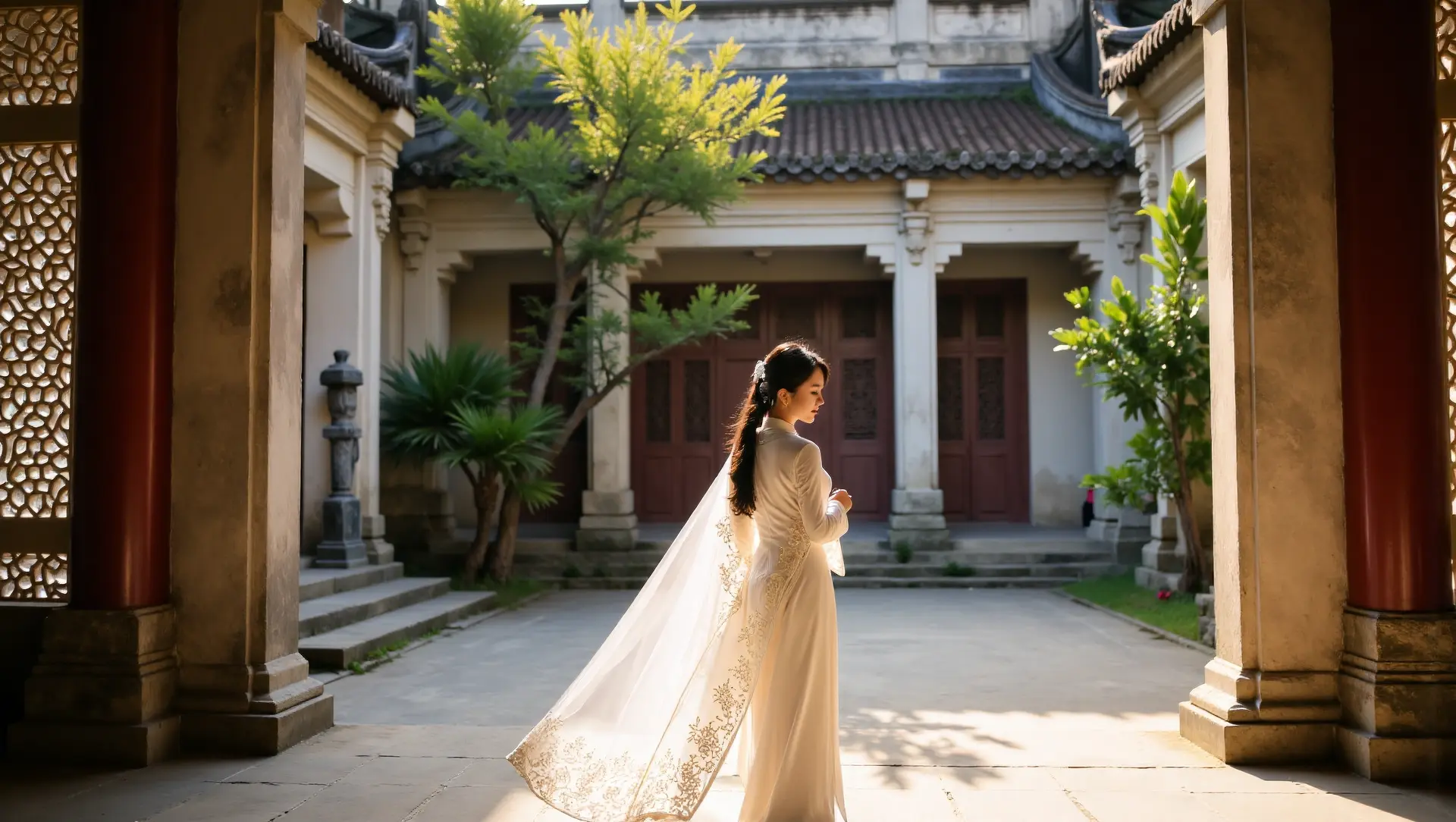  Vietnamese woman in a traditional white Ao Dai standing respectfully in a temple courtyard in Hue.