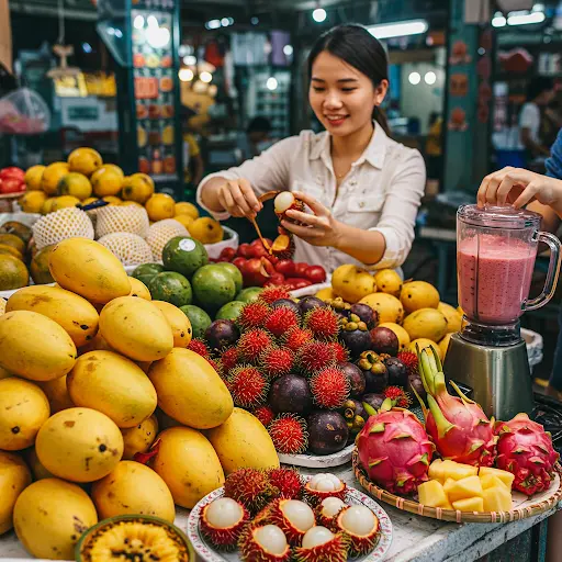 Vietnamese woman peeling rambutan at a tropical fruit stall in a market