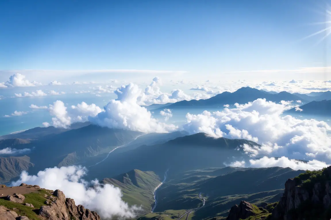 View from Fansipan summit in Vietnam overlooking a sea of clouds covering valleys below, with mountain peaks visible above under a blue sky.