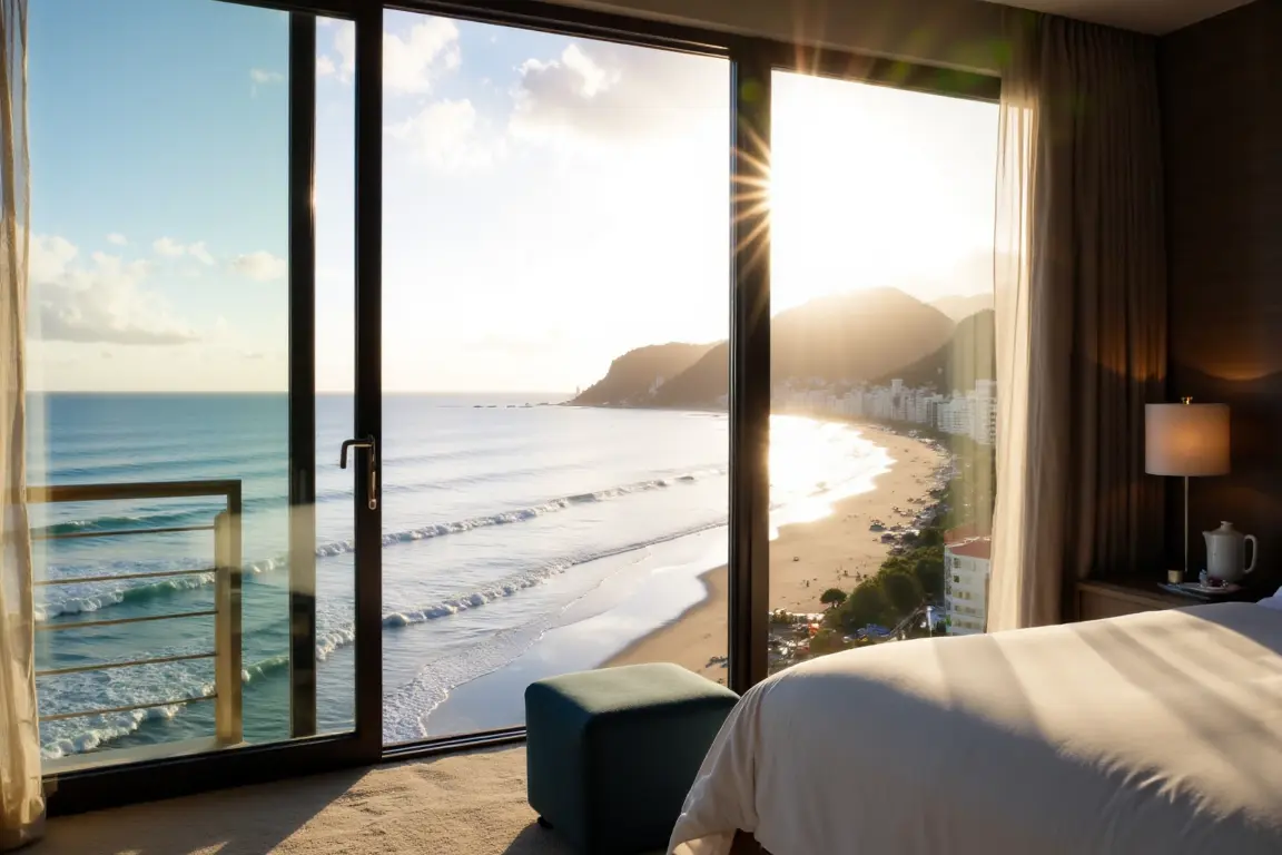  View of My Khe Beach from a hotel balcony, showing accommodation options for Da Nang Vietnam tourism.
