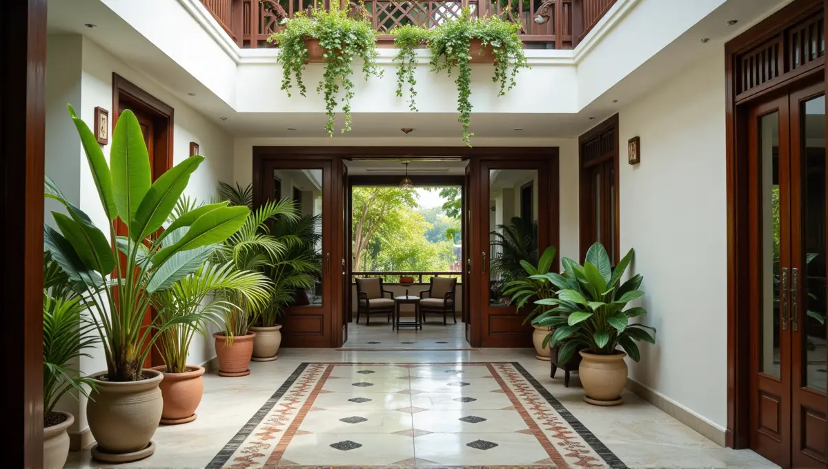Welcoming entrance area of a charming boutique hotel or homestay in Vietnam, representing accommodation choices.