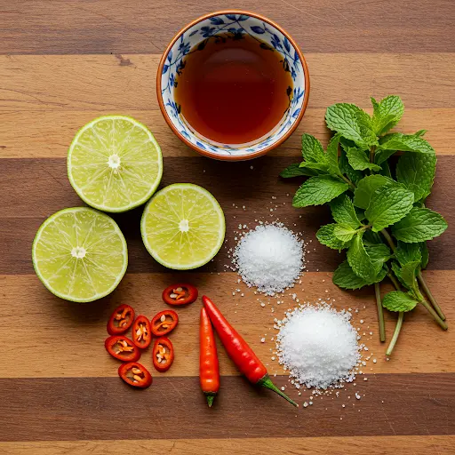 unnaFresh ingredients including lime, mint, chili, salt, and a bowl of dipping sauce arranged on a wooden cutting board