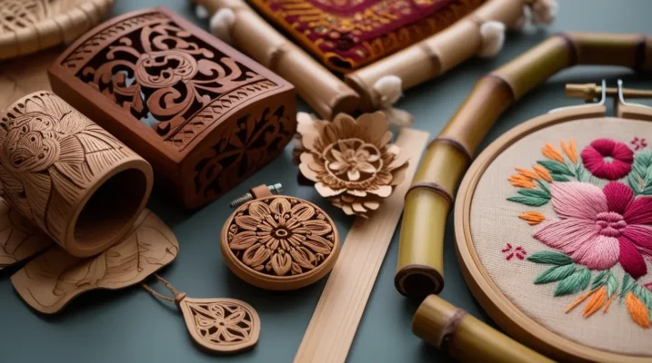 A colorful flat lay of Vietnamese handicrafts