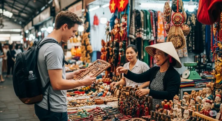 A colorful flat lay of Vietnamese handicrafts conical hats