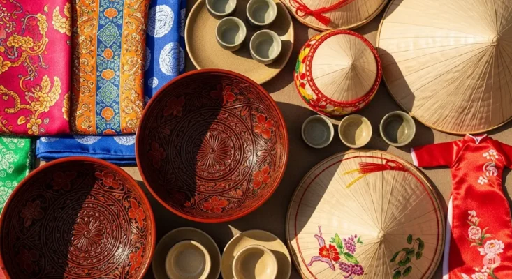 A colorful flat lay of Vietnamese handicrafts conical hats, patterned silks, decorative bowls, and a miniature red ao dai