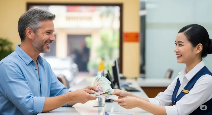 A smiling man hands Vietnamese Dong to a female bank teller at a counter