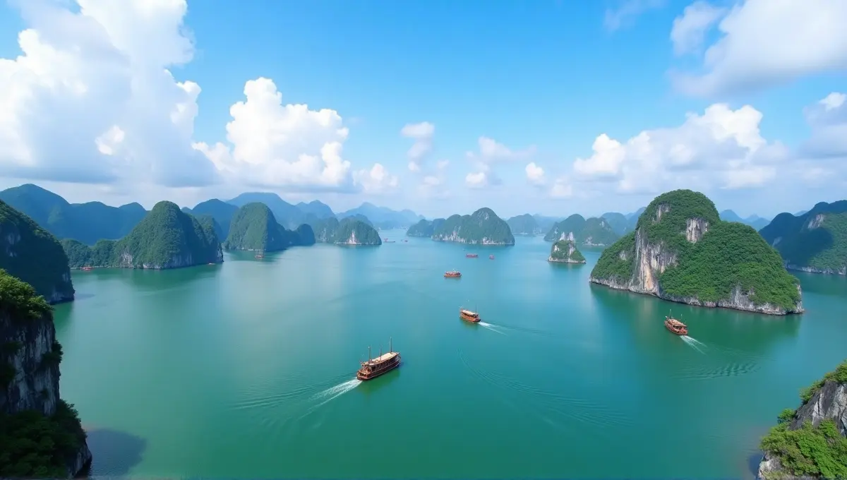 Aerial drone view of stunning limestone karsts and junk boats in Ha Long Bay, representing top Vietnam destinations.
