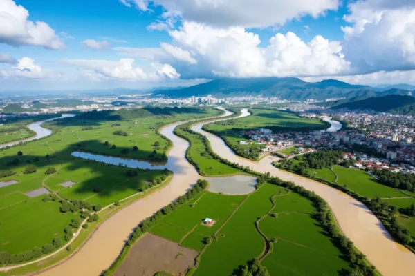 Aerial-style view of Can Tho Vietnam nestled within the lush, riverine landscape of the Mekong Delta