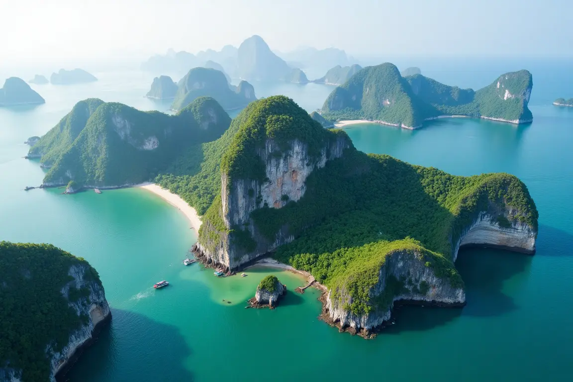 Aerial view of Cat Ba Island Vietnam in the Gulf of Tonkin, highlighting its status as a UNESCO Biosphere Reserve destination