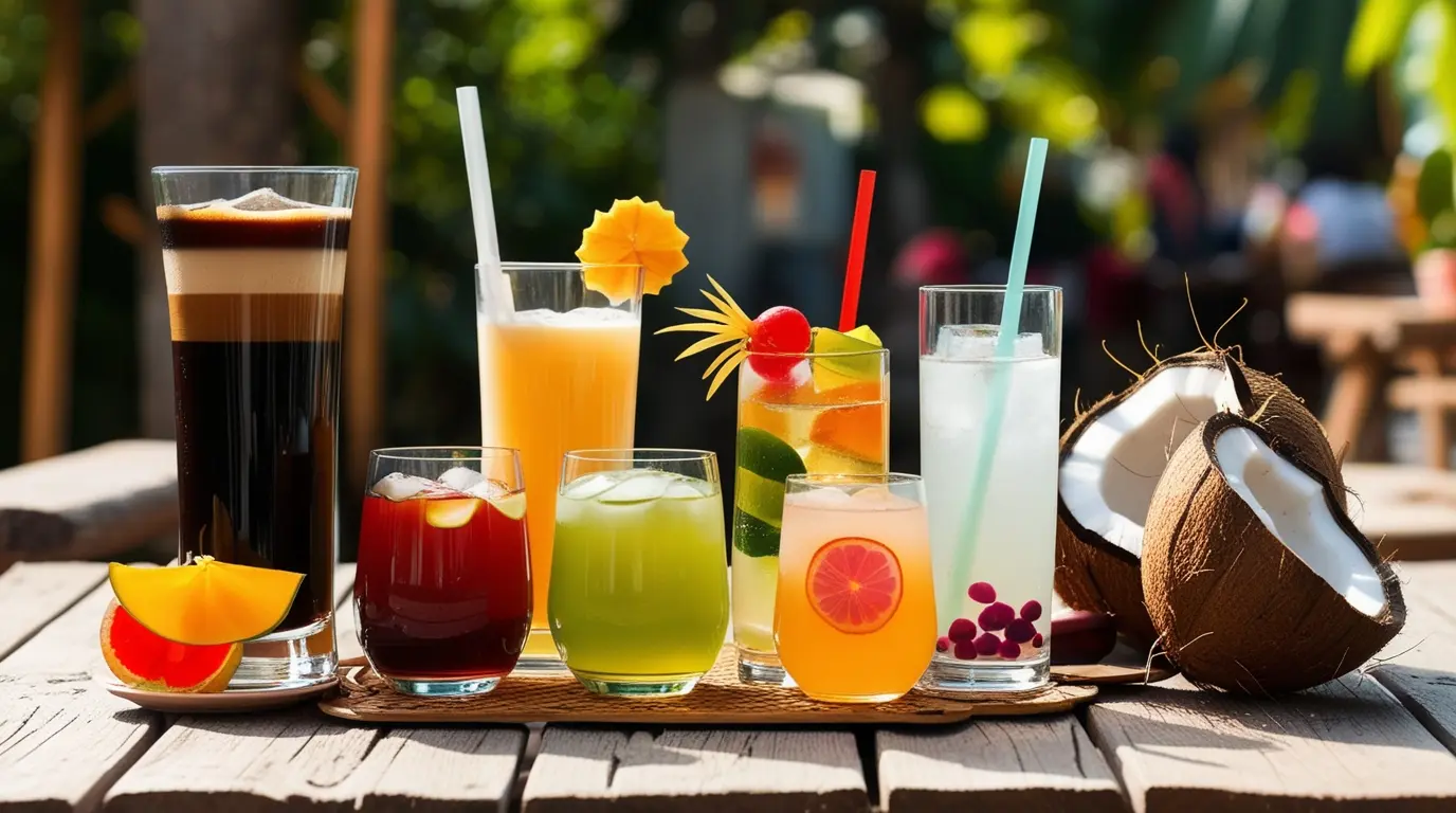 An assortment of colorful tropical drinks and a split coconut on a sunny outdoor wooden table