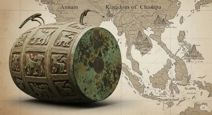 Ancient Dong Son drum over map showing Kingdom of Champa kk