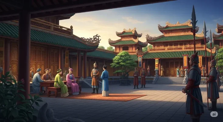 Ancient Vietnamese imperial court scene with officials and guards