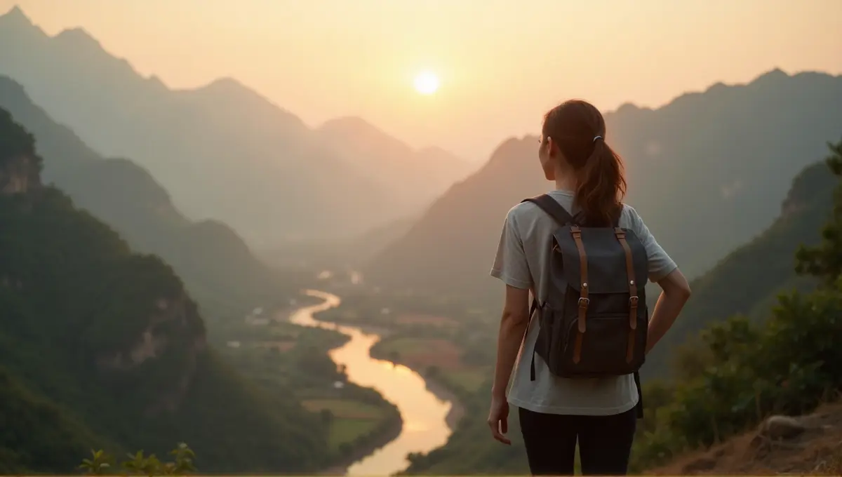 Backpacker overlooking a vast river valley or mountain pass in Vietnam at dawn dusk, symbolizing journey routes.