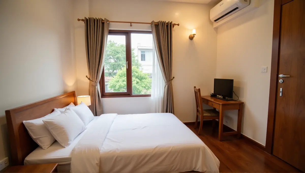 Clean and inviting mid-range hotel room interior in Vietnam, representing accommodation price ranges.