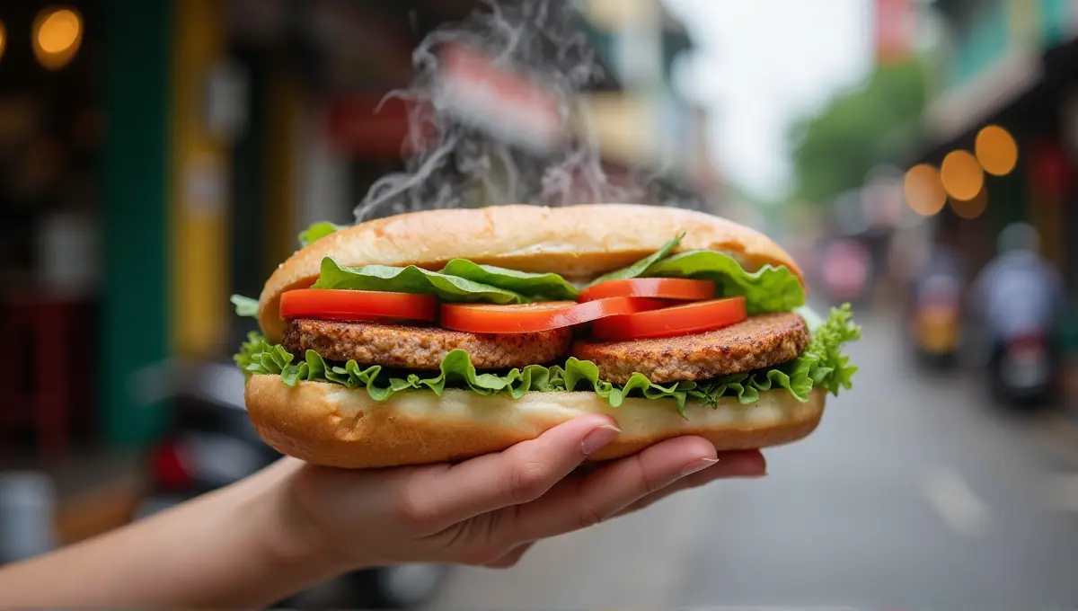 Close-up of a delicious Banh Mi sandwich held outdoors in Vietnam, representing affordable daily food costs in Vietnam Travel Cost