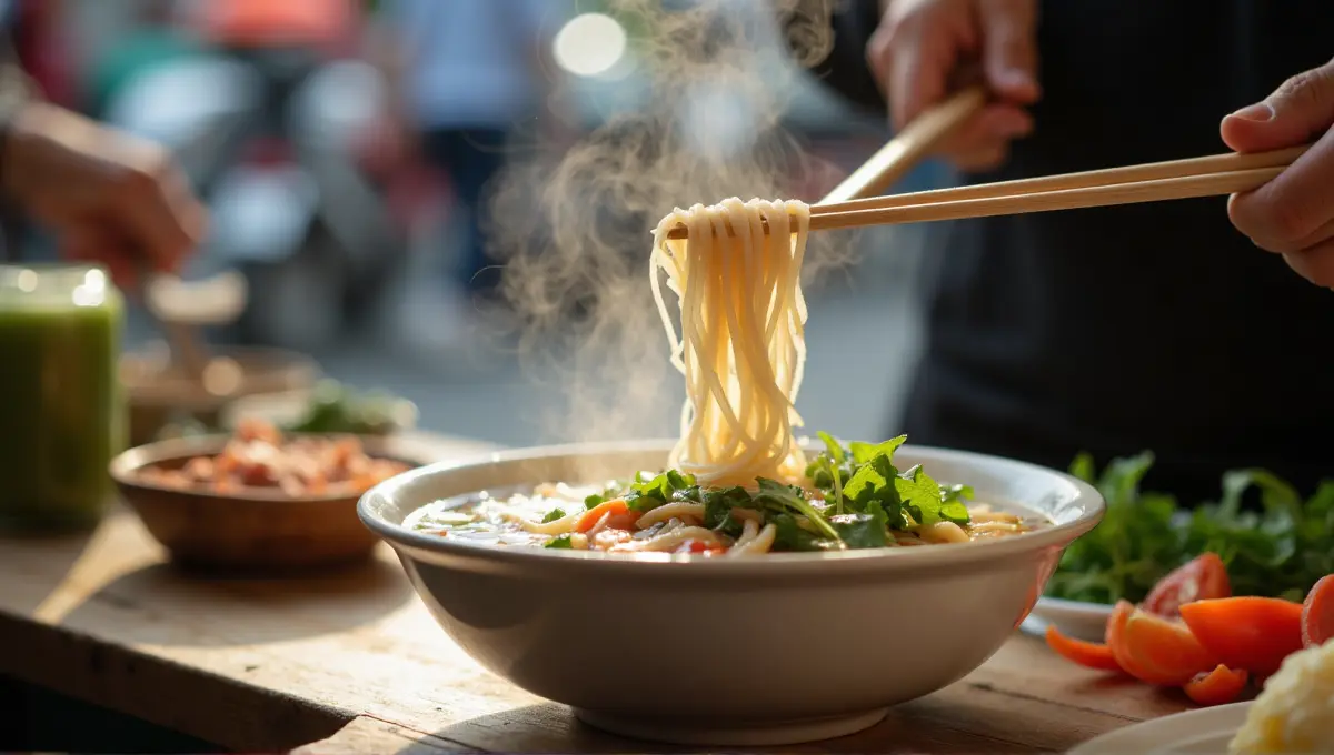 Close-up of chopsticks picking noodles from a steaming bowl of Vietnamese soup, symbolizing affordable food costs for budgeting.