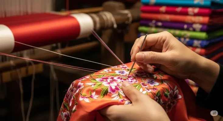 Close-up of hands meticulously embroidering a