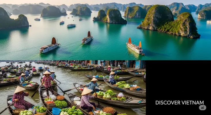 Collage Top, Ha Long Bay with tour boats.