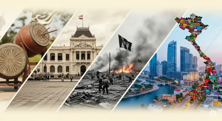Collage Vietnam's ancient drums, colonial building, war, modern city
