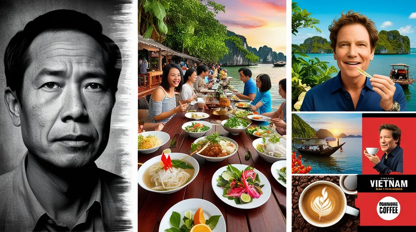 Collage illustrating famous American chef Anthony Bourdain's experiences in Vietnam