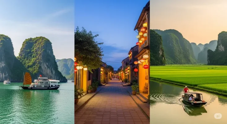 Collage of Vietnam tourist spots Ha Long Bay, Hoi An Ancient Town, and Ninh Binh
