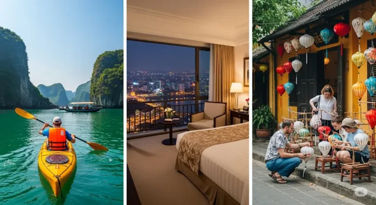 Collage of Vietnam travel kayaking in Ha Long Bay