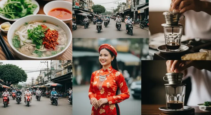 Collage of Vietnamese culture: pho, street scenes with motorbikes, 