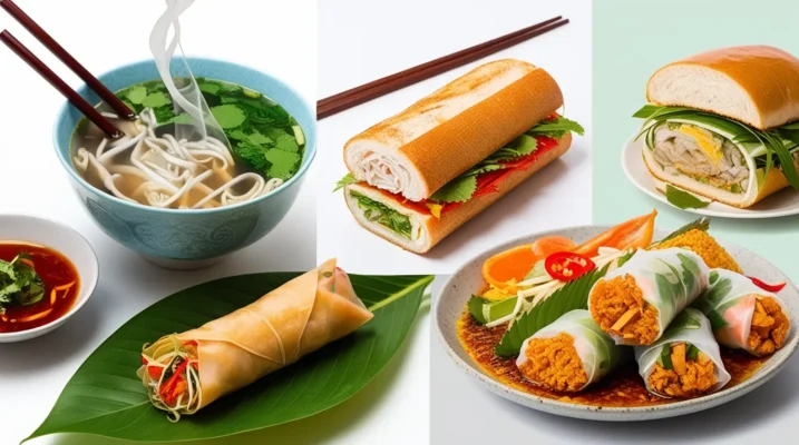 Collage of popular Vietnamese dishes Pho, Banh Mi, spring roll, and fresh summer rolls.