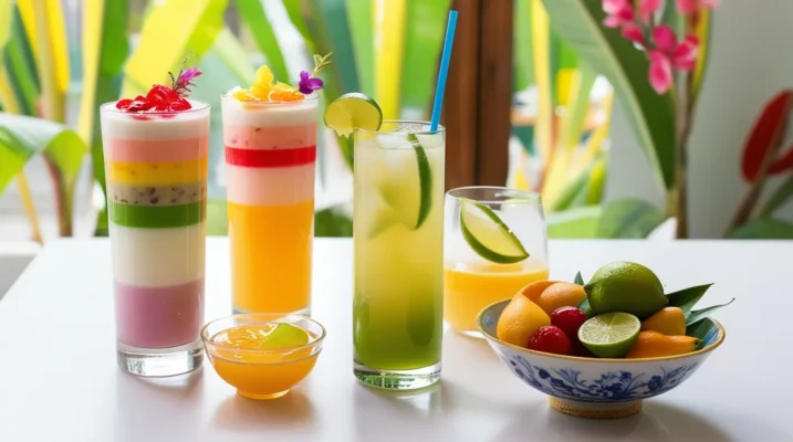 Colorful layered Vietnamese fruit smoothies and juices with a fresh fruit bowl on a white table