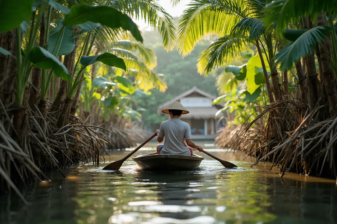 Demonstrating authentic Riverine Culture in the Vietnam Mekong Delta with a person rowing a sampan on a peaceful, palm-lined canal.