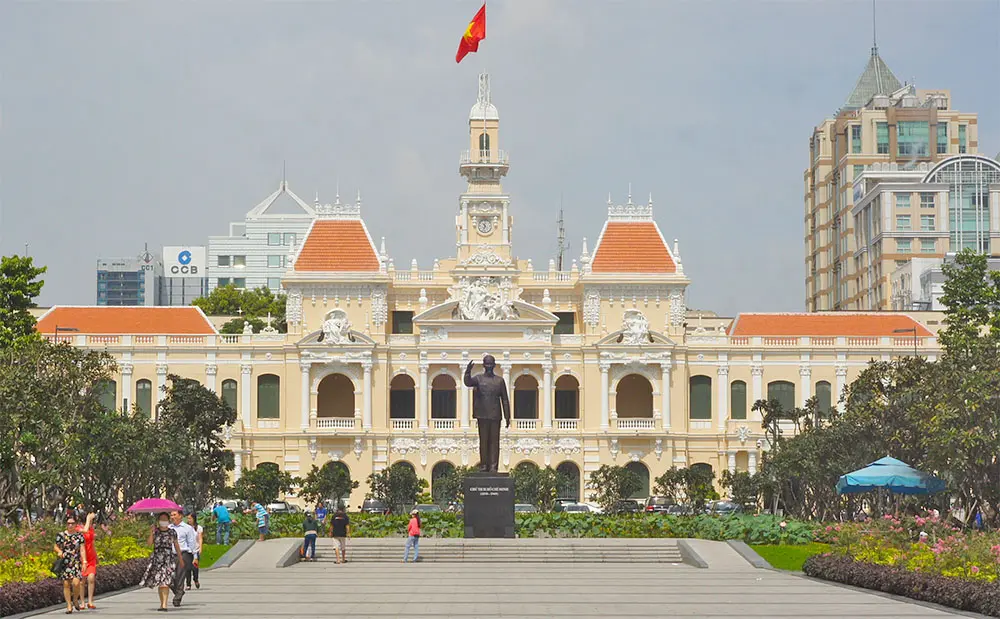 Detailed facade of a historic French Colonial building in Ho Chi Minh City Vietnam.