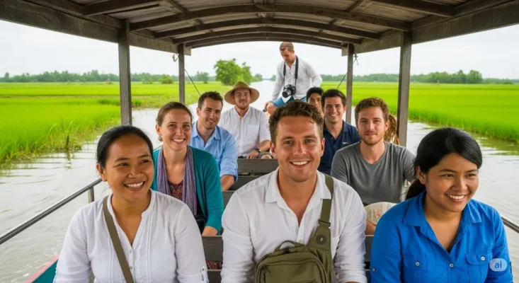 Diverse group of smiling tourists on a boat trip through Vietnamese rice paddies