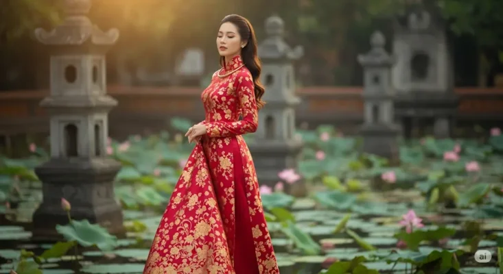 Elegant Vietnamese woman in a red and gold floral Ao